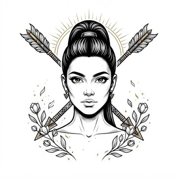 Beautiful woman portrait representing Sagittarius zodiac sign, monochrome engraving style astrology illustration with crossed arrows and sunburst halo isolated on white background.