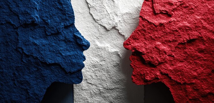 Profile views of two faces, textured like stone, colored in blue and red, evocative of the French flag