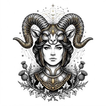 Beautiful woman portrait representing Capricorn zodiac sign, monochrome engraving style astrology illustration of female knight in horned helmet and ornate armor isolated on white background.