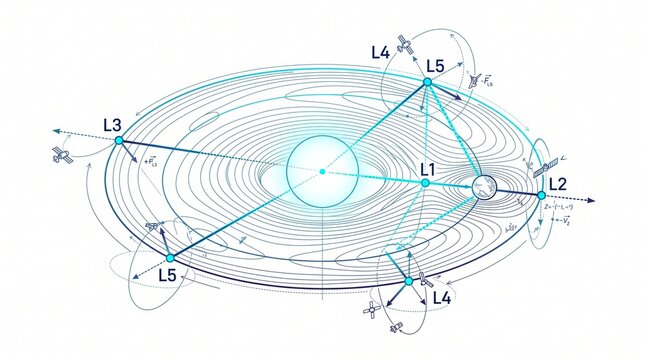 Lagrange points diagram illustrating orbital mechanics and gravitational equilibrium in space