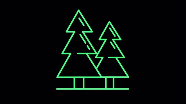 Neon glowing green pine trees icon animation on black background.