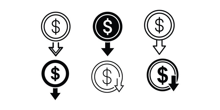 Set of black and white dollar coin icons showing financial decline and dropping currency value concepts