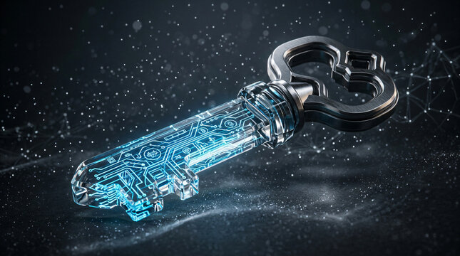 Futuristic digital key with glowing blue circuitry|Cybersecurity and data protection concept|Advanced technology for secure network access|Digital encryption and blockchain security symbol
