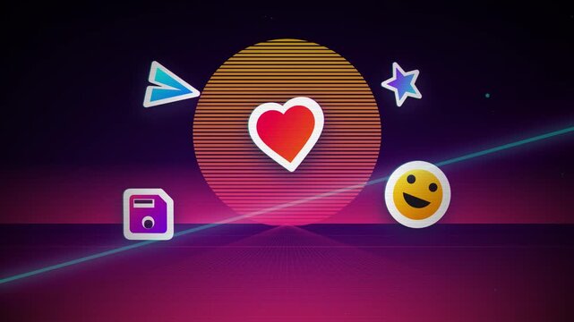 Retro synthwave animation with floating social media icons and glowing sun background