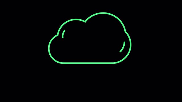 Neon green cloud icon animation with rain drop appearing on black background.