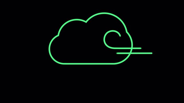 Neon green cloud icon with wind animation against black background.