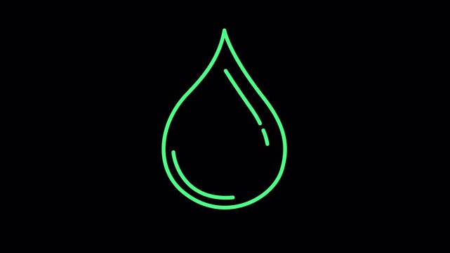 Neon green glowing water drop symbol animation on black background.