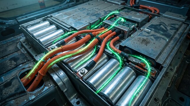 Conceptual macro of EV high voltage cables emitting glowing green energy flow particles