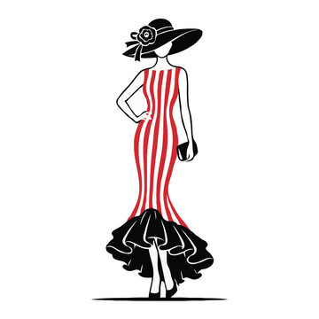 Glamorous Woman in Red and White Striped Mermaid Dress with Hat