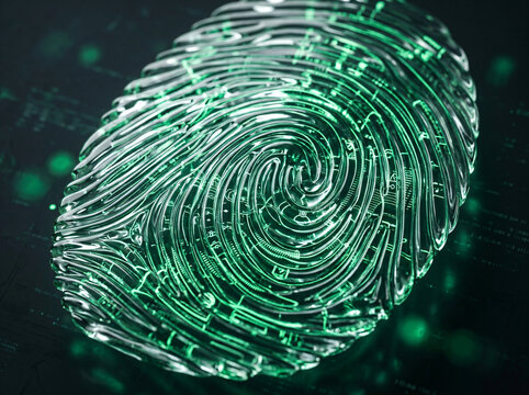 biometric fingerprint security technology | digital identity verification concept | cybersecurity data protection visualization | glowing green futuristic fingerprint scan