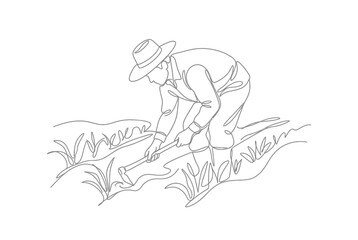 Fototapeta premium One line drawing of farmer planting crops in field.