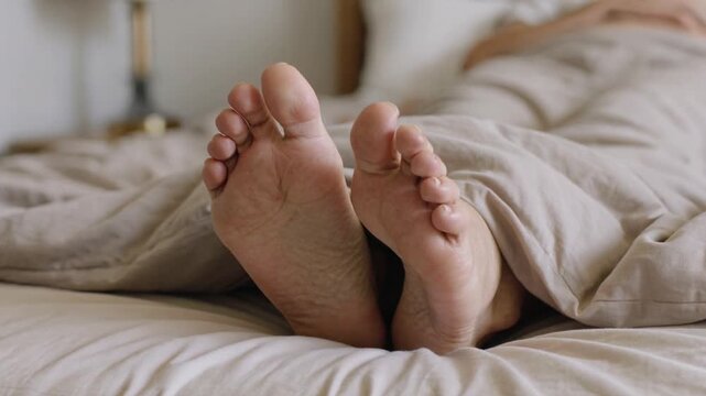 Bare feet of a sleeping person resting on a bed with a blanket  