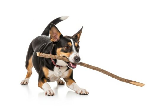 Playful dog holding a stick isolated on transparent background for pet services and media