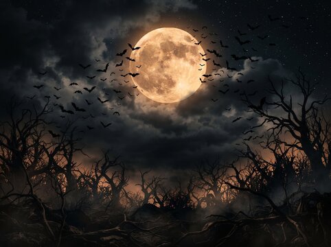 Full moon shining over a dark forest with a flock of flying bats in a cloudy night sky