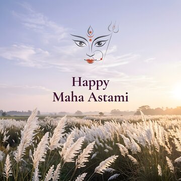 Happy maha astami greeting card with goddess face sketch and trident symbol over a scenic field of kash flowers