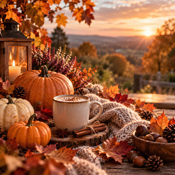 Ambiance cocooning d&rsquo;automne avec boisson chaude, citrouilles et feuilles color&eacute;es