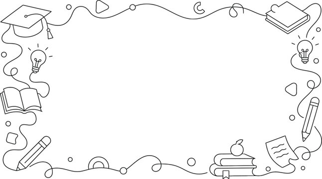Education and Back to School Line Art Frame with Graduation Cap, Books, and Pencil