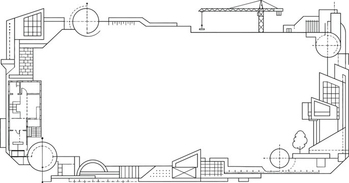 Architectural Design and Construction Line Art Frame with Blueprint Floor Plan, Crane, and Buildings