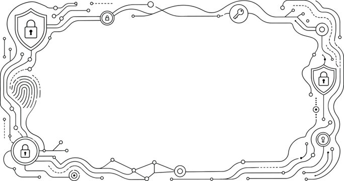 Cyber Security and Data Protection Line Art Frame with Shield, Padlock, and Fingerprint Scan