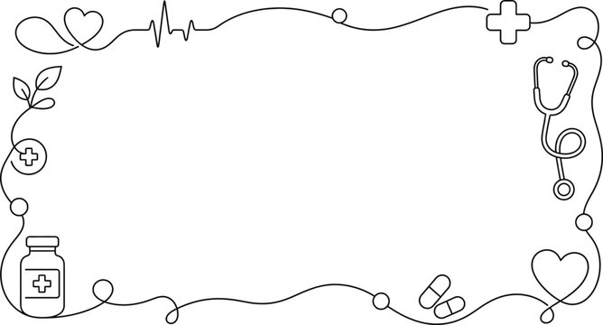 Healthcare and Medical Line Art Frame with Stethoscope, Medicine Bottle, and Pills