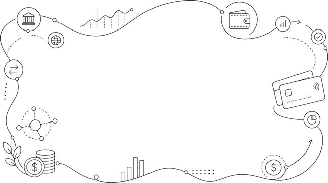 Finance and Banking Line Art Frame with Credit Cards, Wallet, and Stock Chart