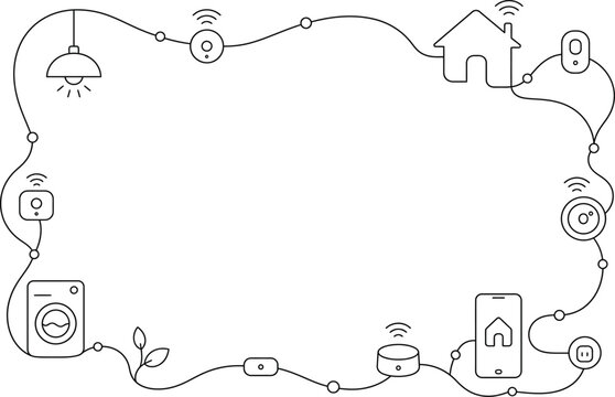 Smart Home Technology Line Art Frame with Automation Devices and Wi-Fi Icons