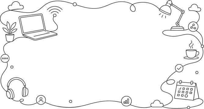 Remote Work Workspace Line Art Frame with Laptop, Coffee Cup, and Desk Lamp