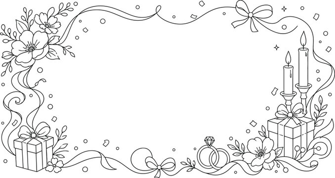Wedding and Celebration Line Art Frame with Gift Boxes, Rings, and Candles