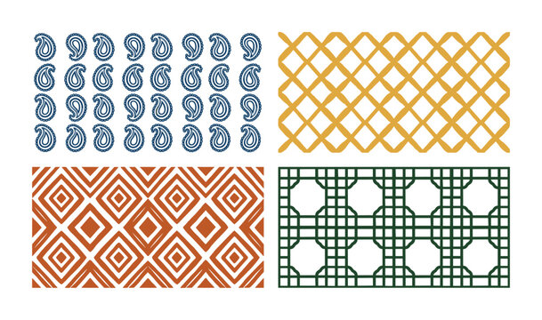 A paisley and geometric patterns in blue yellow orange green color.