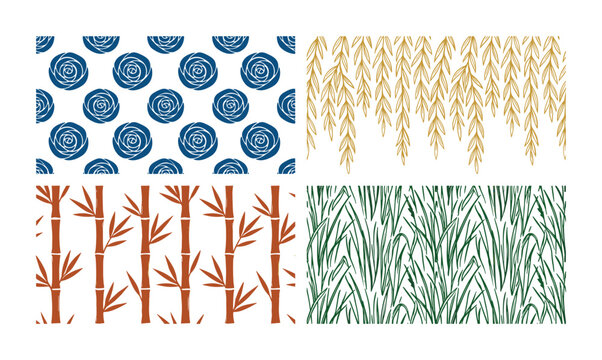A roses and bamboo patterns in blue yellow orange green color.