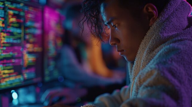 A young man in a fuzzy coat looks intently at a computer screen displaying colorful code against a neon background.