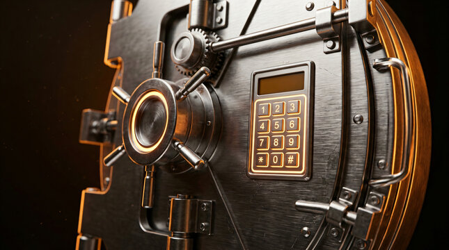 High security bank vault door with electronic keypad | Heavy metal safe door for gold and assets | Digital security system for financial protection | Industrial steel vault with glowing pin pad