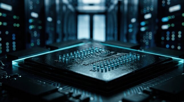 Closeup of a glowing spintronic magnetic tunnel junction memory chip with blurred data center server racks, representing energy-efficient computing technology.