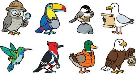 Fototapeta premium Cute Bird Explorer Cartoon Character Set Featuring Owl Toucan Seagull Hummingbird Woodpecker Mallard Duck and Bald Eagle with Outdoor Adventure Hiking Gear
