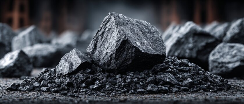 A large grey rock rests on a pile of smaller black stones with a blurred background of similar rocks.