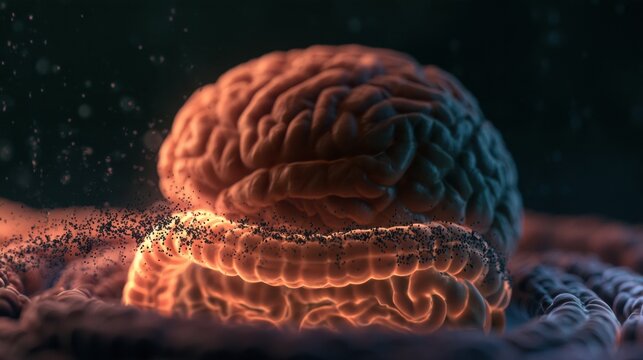 A 3D render shows the connection between gut and brain. Dark particles represent bacteria crossing the blood-brain barrier, indicating health issues.