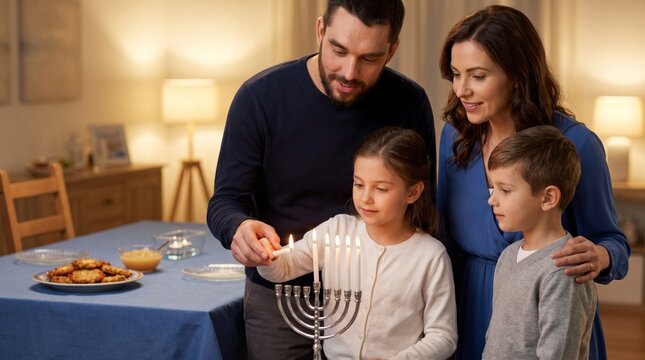 Jewish family lighting the Hanukkah menorah together at home
