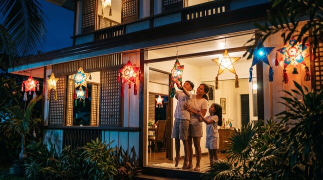 Filipino family hanging parol star lanterns for Christmas