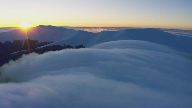 Cloud waves gently and slowly flow over the tops of snow-capped mountains covered with spruce forests at a cold sunset