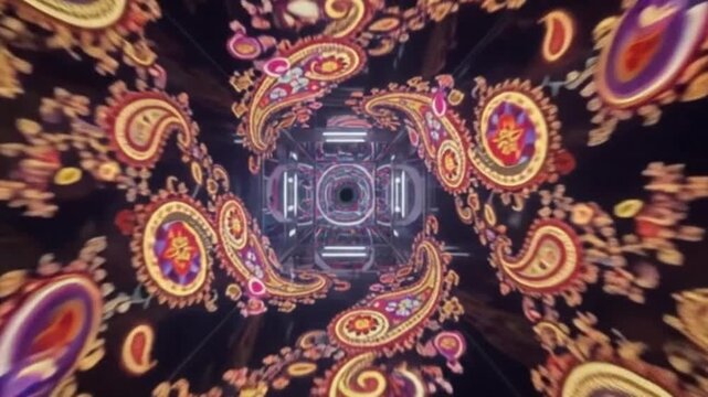 Title:
Abstract psychedelic paisley pattern tunnel with vibrant optical art motion graphics background