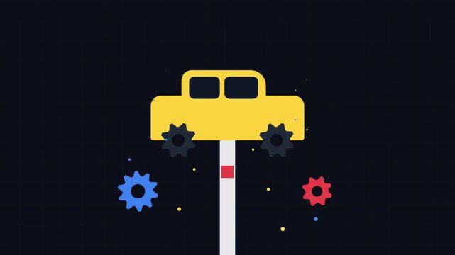 Flat car animation with rotating gears and abstract particles on dark background, motion vehicle desi