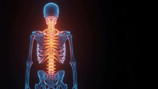 Digital 3D animation of a human skeleton showing the spine and ribs in a blue holographic style on a black background.