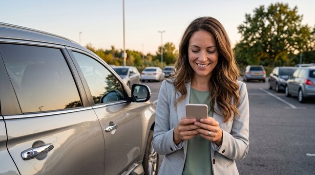 Smiling Businesswoman Using Smartphone in Parking Lot