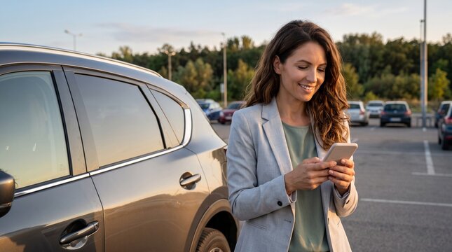 Smiling Woman Using Smartphone Next to Car in Parking Lot