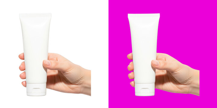 Hands holding identical white tube products against pink background transparent png
