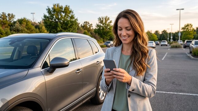 Smiling woman using smartphone next to her car in a parking lot at sunset