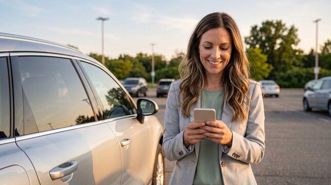 Happy woman smiling while using smartphone in a parking lot at sunset.