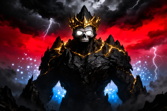 Abstract goliath entity wearing dark shadow crown lined with golden energy