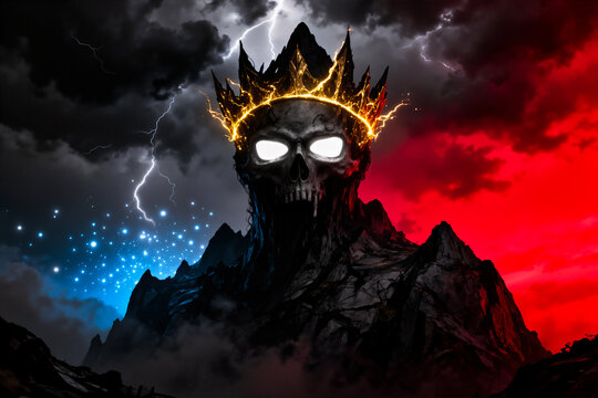 Abstract goliath entity wearing dark shadow crown lined with golden energy