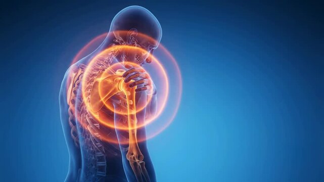 3D medical animation of a male figure experiencing shoulder pain with the joint highlighted in orange.